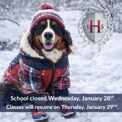 Picture of LHS comfort dog Griffin announcing, school closed January 28.