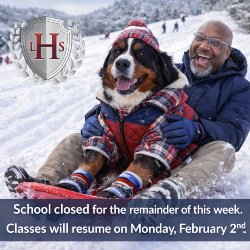 Mr. Franklin and Griffin sledding; sharing a school closure announcement.
